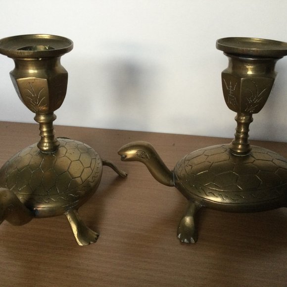 Vintage pair Chinese solid brass Candlestick holders Turtle base removeable top - Picture 5 of 8